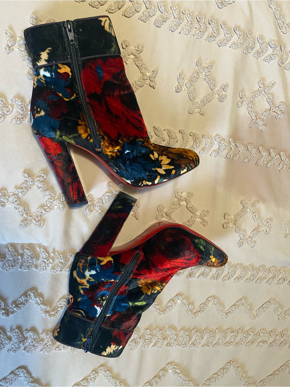 Christian Louboutin Floral Velvet Block Heel Ankle Boots - Black Multi - Picture 6 of 7